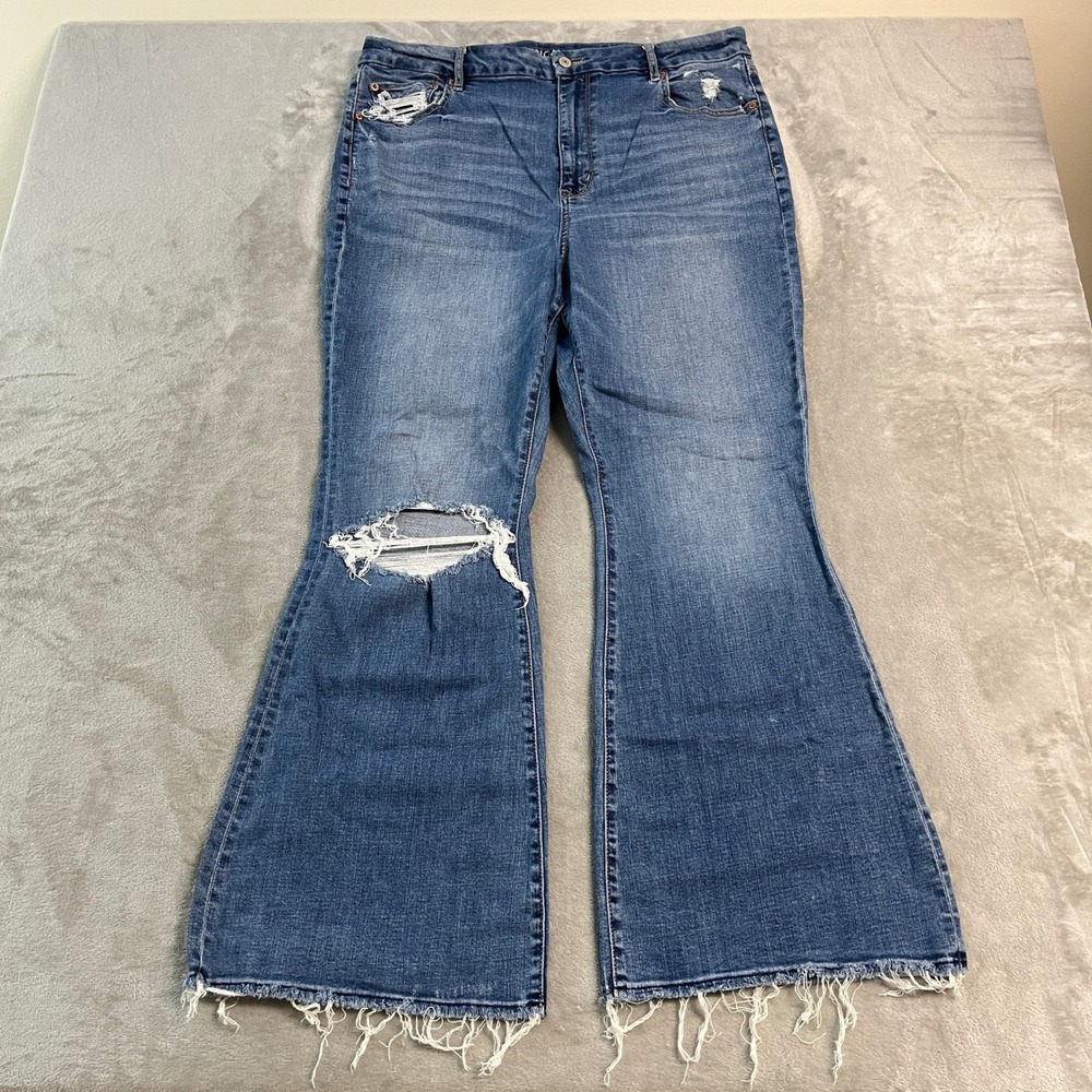 American Eagle Curvy Super Hi-Rise Flare Jeans Blue Distressed Raw Hem 18 37x30
